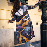 BAIKA női kabát Aranyösvény – kapucnis, cipzáras kötött kabát, 100% pamut külső, 90% akril + 10% elasztán belső, arany ösvényes grafikus tájkép minta