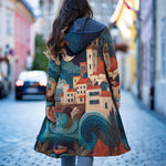 BAIKA női kabát Mediterrán szellő – kapucnis, cipzáras kötött kabát, 100% pamut külső, 90% akril + 10% elasztán belső, mediterrán város és hullámok mintával