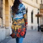 BAIKA női kabát Napkeringő – kapucnis, cipzáras kötött kabát, 100% pamut külső, 90% akril + 10% elasztán belső, festett tájkép ciprusokkal és rózsákkal