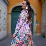 BAIKA női kabát Lélekvirág – kapucnis, cipzáras kötött kabát, 100% pamut külső, 90% akril + 10% elasztán belső, színes virágminta