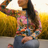 BAIKA női rövid kardigán Lélekvirág – virágos, cipzáras, prémium kötött pamut külsővel