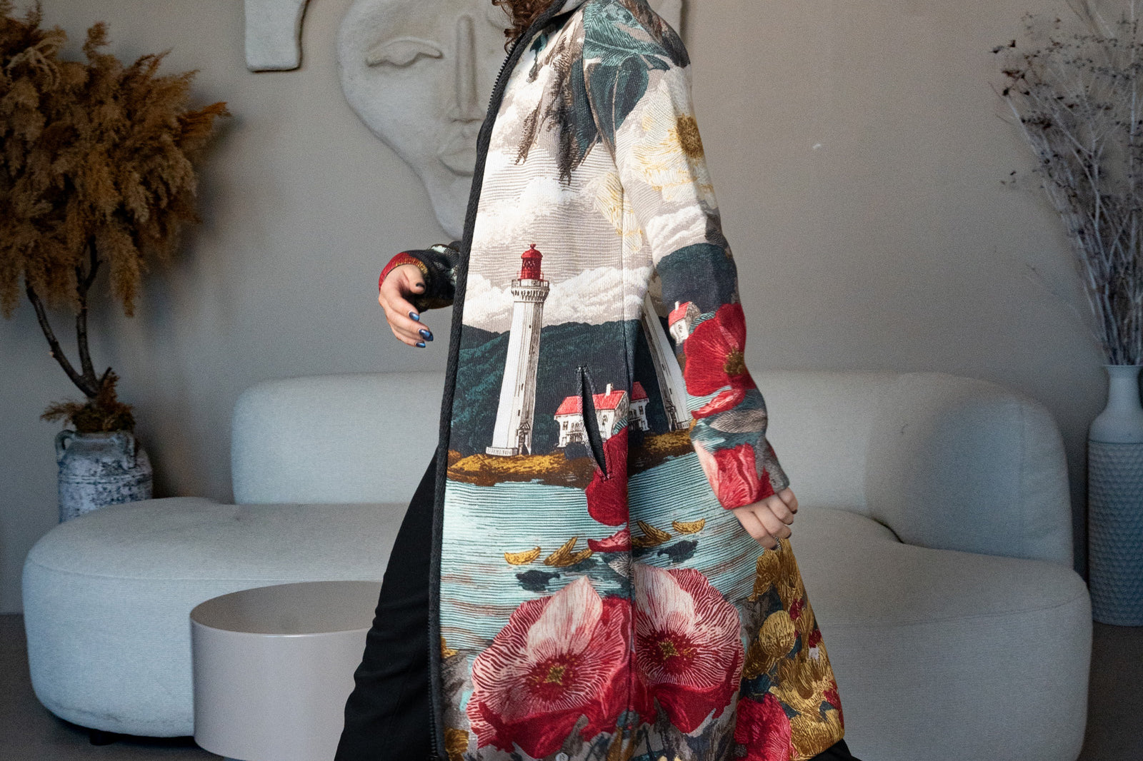 BAIKA női kötött kabát – A Világító torony, kapucnis, cipzáras, mintás