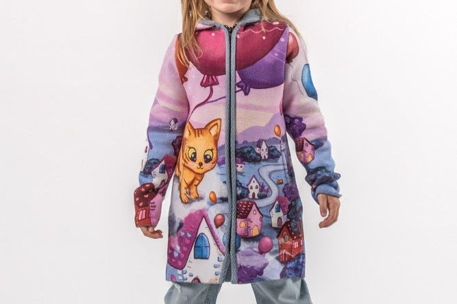 Flying balloon kitty - Girls' Long Sleeve Cardigan | BAIKA